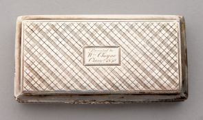 A NATHANIEL MILLS VICTORIAN SNUFF BOX, crosshatch design, with presentation inscription. 2.75ins