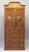 A VERY GOOD EDWARDIAN SHERATON REVIVAL SATINWOOD AND PAINTED WARDROBE, with a shaped cornice, pair