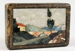 A GOOD PIETRA DURA AND LEATHER BOX, Highland scenes. 4ins long.