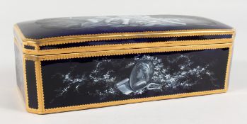 A LARGE LIMOGES PORCELAIN BLUE BOX AND COVER, edged in gilt and painted with cupids, the inside with