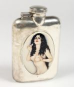 A SILVER HIP FLASK WITH LATER ENAMEL OF A FEMALE NUDE.