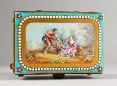 A 19TH CENTURY SEVRES BLEU CELESTE GROUND JEWELLERY CASKET, with gilt metal hinge and mounts, the
