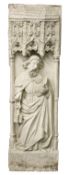 A RECONSTITUTED STONE RELIEF CAST PLAQUE OF A SAINT STANDING HOLDING A BOOK AND KEYS. 51ins high x