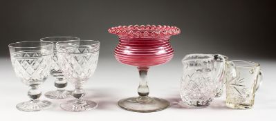 A GLASS RED AND WHITE STEMMED BOWL, and six pieces of cut glass.