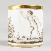 A 19TH CENTURY PARIS COFFEE CAN, painted in sepia with a boy playing with a spinning top.