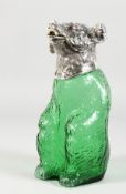 A BEAR SHAPED DECANTER, with plated head and green glass body. 9ins high.