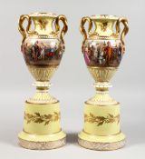 A SUPERB PAIR OF 19TH CENTURY VIENNA YELLOW GROUND TWO HANDLED VASES ON STANDS, with gilt