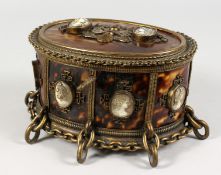 A VERY GOOD 19TH CENTURY OVAL TORTOISESHELL CASKET, set with cameos. 7.5ins long.