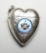 A SILVER HEART SHAPE VESTA, with later Masonic style enamel plaque.
