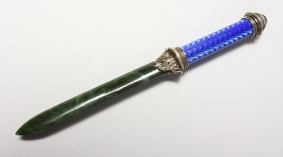 A GOOD MODERN RUSSIAN SILVER LETTER OPENER, with enamel decorated handle and jade blade. 9ins long.
