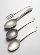 THREE EARLY PEWTER SPOONS and A FORK.