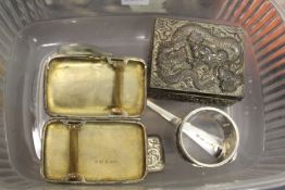 A silver cigarette case, a vesta case, napkin ring, spoon, Albert chain and a Chinese white metal