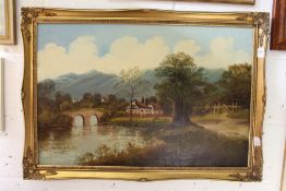 Rural River Landscape oil on canvas in a decorative gilt frame.