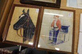 A small watercolour of a clown and a horse's head.