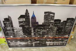 A large photographic print depicting the New York skyline.