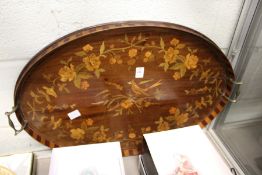 A good inlaid mahogany oval twin handled tray.