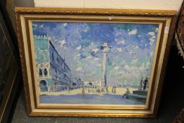 A scene of Venice with figures in a square oil on board.