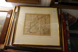 Three small part hand coloured maps, framed and glazed.