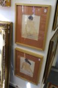 Seated female nudes, colour prints, a pair.