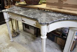 A marble topped, painted mahogany two drawer side table.