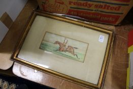 Galloping Horse and Jockey watercolour, signed.