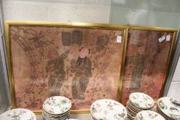 A pair of Chinese embroidered textiles, framed and glazed.