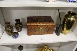 A pair of small Chinese enamel vases, a polished brass vase and other oriental wares.