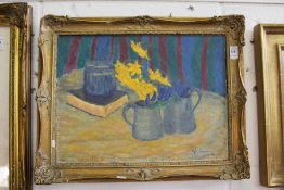 A still life of flowers in jugs next to a book, oil on canvas.