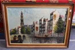 River Landscape with Buildings and a Bridge oil on canvas.