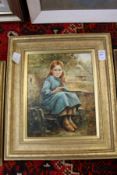 A young girl seated, wearing a blue dress reading a book, oil on board.