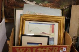 A small Japanese woodblock print and various other reproduction Japanese prints.