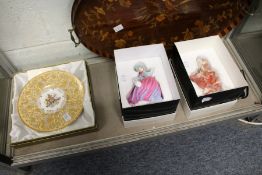A Royal commemorative plate and two Doulton figurines, boxed.
