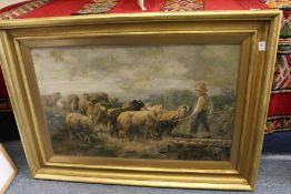 Sheep and Shepherd Boy large chromolithographic print in a moulded giltwood frame.