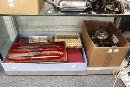 A quantity of plated items to include flatware, horn handled carving set etc.