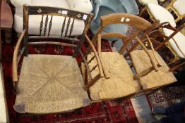 An ash and rush seated armchair in the William Morris style, together with two other rush seated