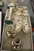 Various silver spoons, napkins rings, pair of dwarf candlesticks and other small items of silver