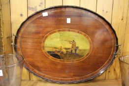 An inlaid mahogany oval twin handled tray.