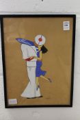 A small Art Deco gouache of a sailor and girl.