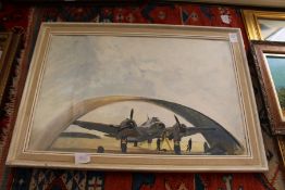 A military aeroplane, oil on board.