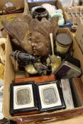 Miscellaneous collectables to include a pair of early photographs, carved hardwood plaques etc.