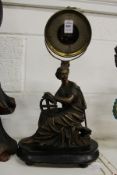 A 19th century aneroid barometer mounted on a base with a seated female figure.