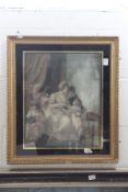 An 18th century French engraving depicting a mother and young children, in a verre eglomise frame.