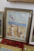 A French beach scene with figures and sailing ships, oil on board.