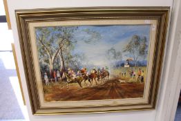 W Baker, an Australian horse racing scene, oil on board, signed.
