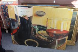 A large oil on canvas depicting wine glasses and a wine bottle, unframed.