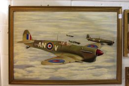 Squadron of Spitfires oil on board.