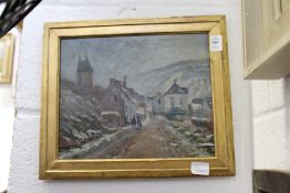 Street Scene with Figures and Buildings oil on board.