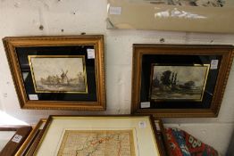 A small pair of colour engravings in verre eglomise frames.