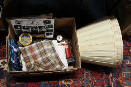 A pair of lampshades, records, foot pump and miscellaneous collectables.