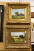 Harvesting scenes, oil on board, in decorative gilt frames, a pair.
